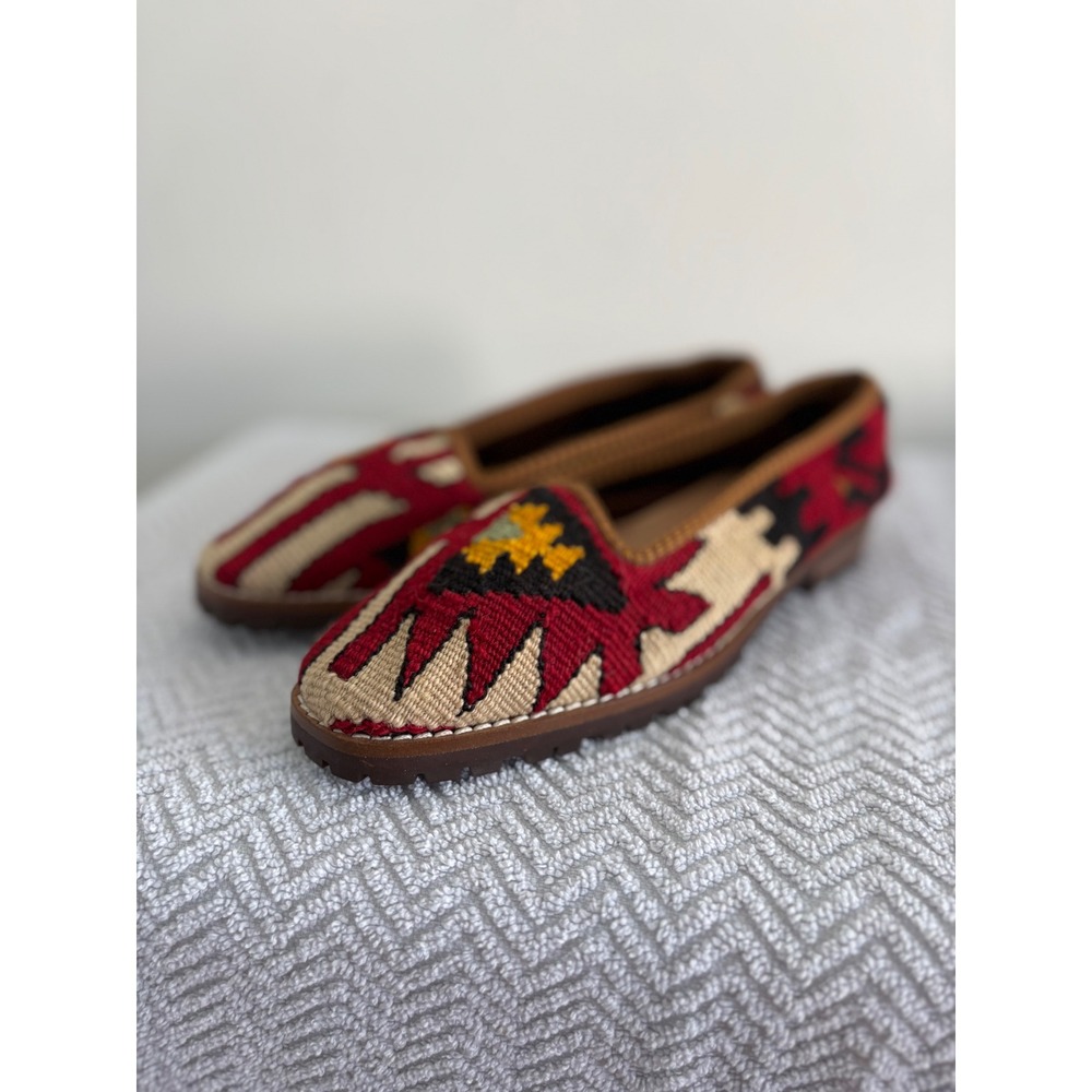 Handmade Kilim Loafers Red Geometric Tapestry Lug Sole Smoking Flats Size 7
